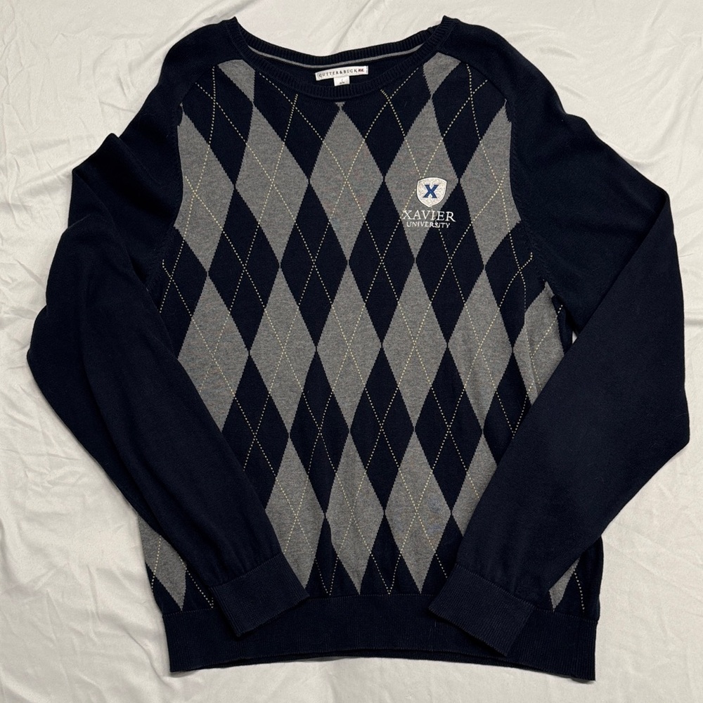 Cutter & Buck Navy and Gray Argyle Crewneck Sweater